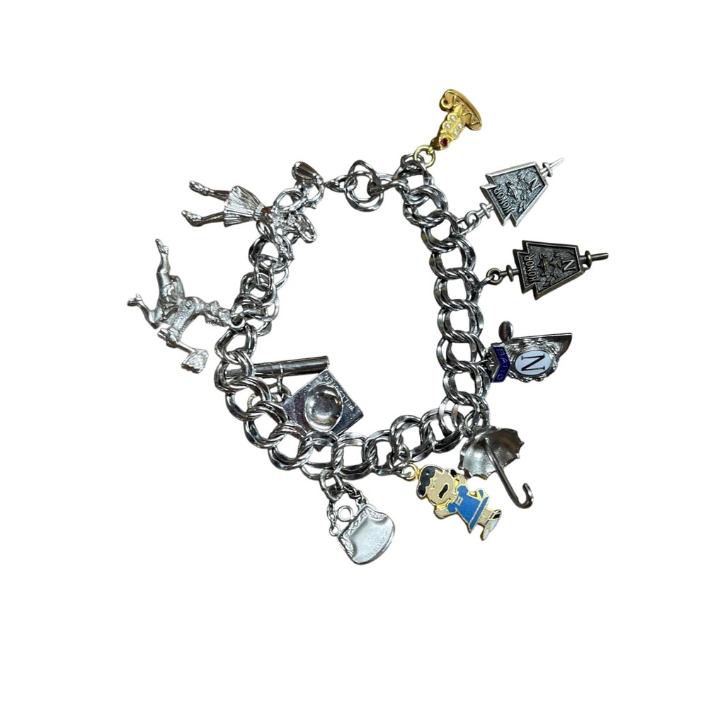 Vintage Sterling Silver Charm Bracelet w/10K Gold Charm Eclectic Mix Cheer